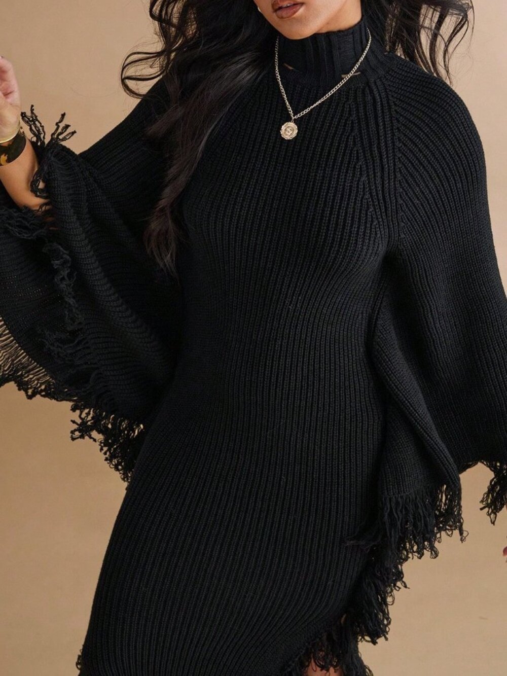 Black Casual Women's Turtleneck Fringe Cuff Fitted Knit Dress - Picture 7 of 7
